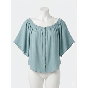 Anthropologie Cloth & Stone Blue Boho Flutter Sleeve Button Down Top L